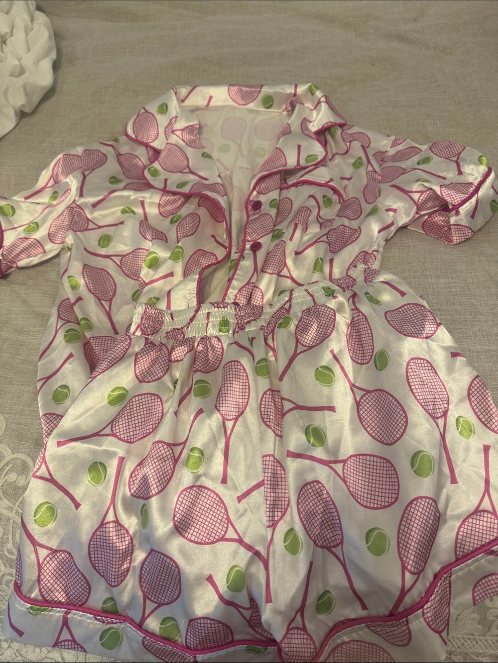 Pink Tennis-Print Kids Pajama Set - Satin Sleepwear